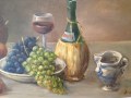 Bodegon con frutos, puchero, botellon de vino Qiantti, bocalino 